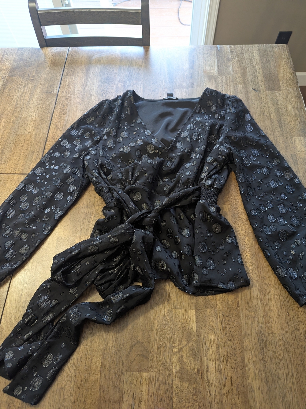 J. Crew Black Metallic Dot Wrap Blouse